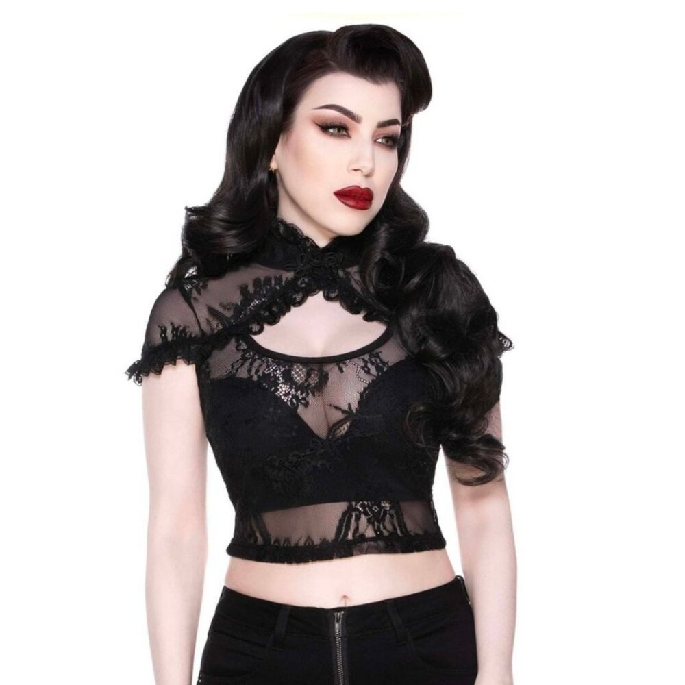 Killstar ✦ Rena Lace Crop Top ✦ Gothic Sheer High Neck Stretch Mesh Black XL NWT